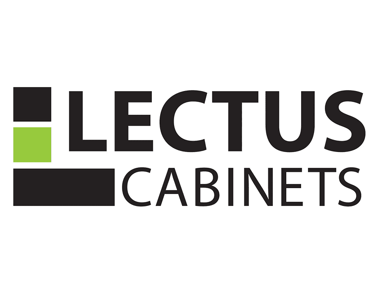 Logo for Lectus Cabinets featuring bold text and green and black blocks.