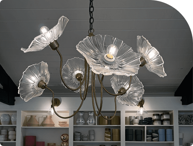 Elegant floral chandelier with frosted glass petals and warm lighting.